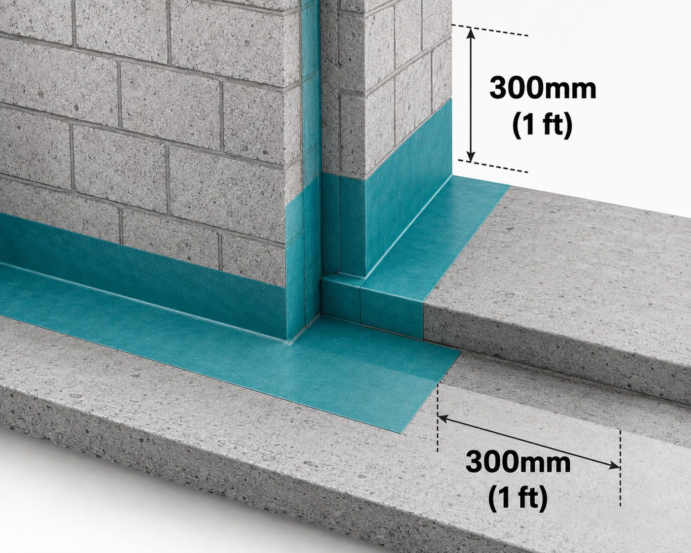 Structural barrier zone diagram — 300mm coverage on floor slab and wall junction